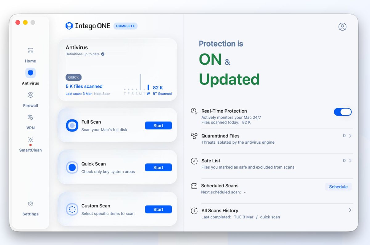 Intego ONE antivirus screen with Full Scan, Quick Scan and Custom Scan