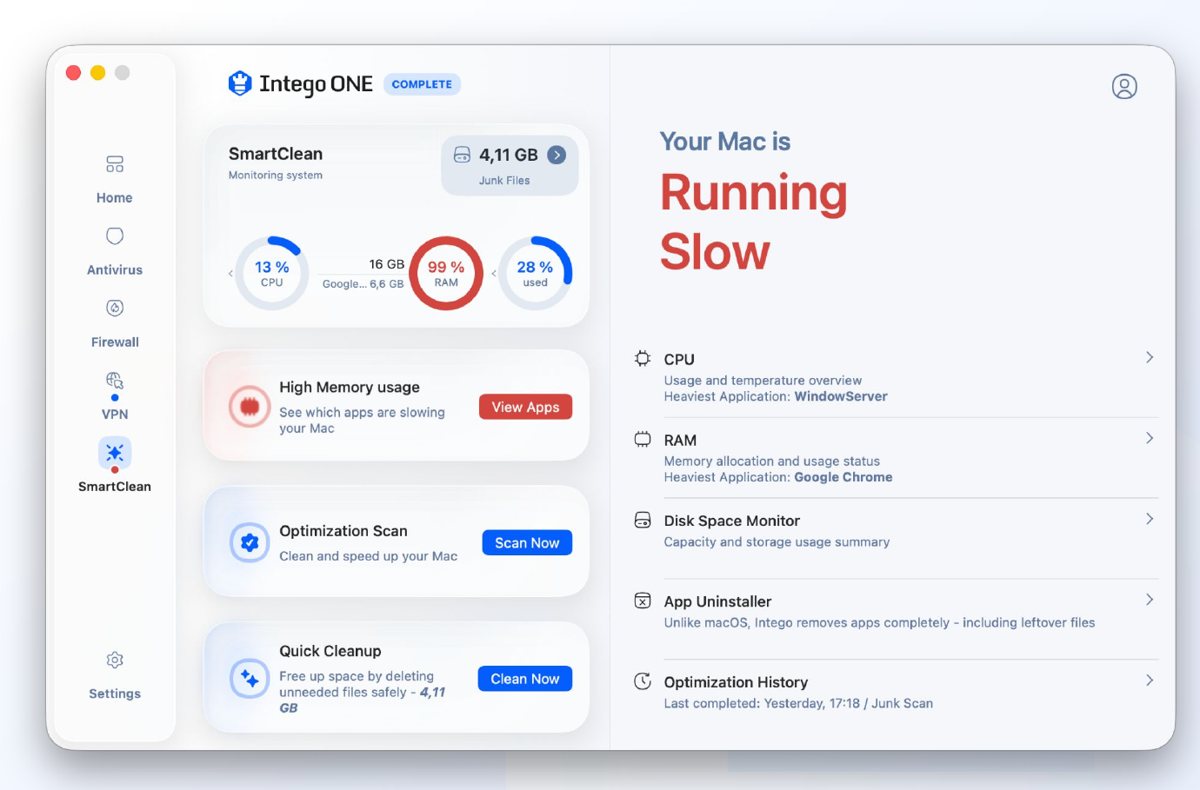 Intego ONE SmartClean screen with optimization scan