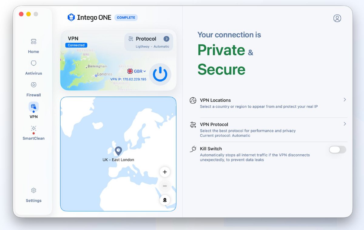 Intego ONE VPN screen showing connection is private and secure